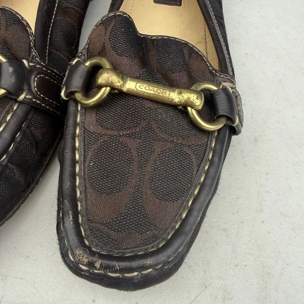 Coach Womens Loafers Chocolate Brown Signature Logo Gold Hamptons Hardware 8.5